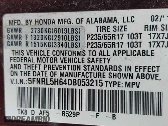2013 Honda Odyssey EX-L с VIN 5FNRL5H64DB053215, выставлен на аукционе IAAI как лот 42332685 с пробегом 247 537 миль миль и . История ставок и продаж доступна на DreamBid. Изображение 9.