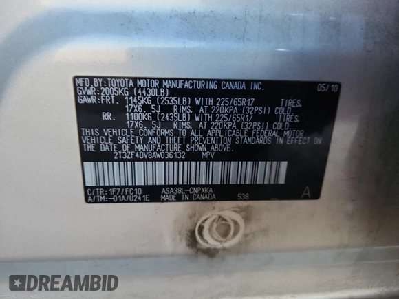2010 Toyota RAV4 with VIN 2T3ZF4DV8AW036132, listed as a Copart auction lot 61087705 with 95,563 mi miles and Salvage title. Bid and sale history available at DreamBid. Image 13.