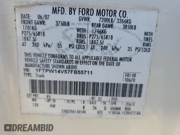 2007 Ford F-150 XLT with VIN 1FTPW14V57FB55711, listed as a Copart auction lot 86175694 with 237,938 mi miles and Salvage Title. Bid and sale history available at carsss.com. Image 13.
