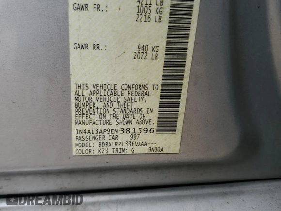 2014 Nissan Altima S with VIN 1N4AL3AP9EN381596, listed as a Copart auction lot 53994775 with 168,068 mi miles and Salvage Title. Bid and sale history available at DreamBid. Image 12.