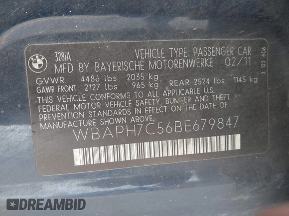 2011 BMW 3 Series 328i with VIN WBAPH7C56BE679847, listed as a IAAI auction lot 42615936 with 180,393 mi miles and . Bid and sale history available at DreamBid. Image 9.