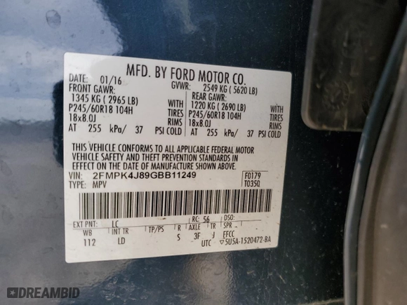 2016 Ford Edge SEL with VIN 2FMPK4J89GBB11249, listed as a Copart auction lot 49319435 with 101,623 mi miles and Salvage Title. Bid and sale history available at carsss.com. Image 14.