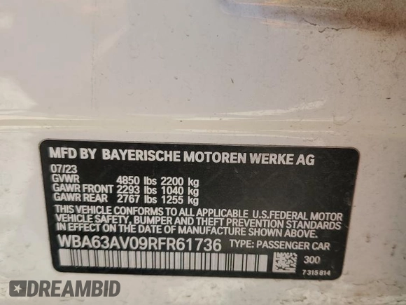 2024 BMW 4 Series 430i with VIN WBA63AV09RFR61736, listed as a Copart auction lot 52798015 with 45,705 mi miles and Salvage title. Bid and sale history available at DreamBid. Image 13.