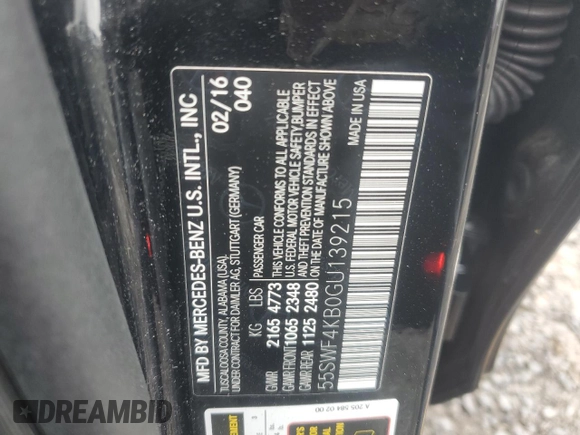 2016 Mercedes-Benz C 300 Luxury with VIN 55SWF4KB0GU139215, listed as a Copart auction lot 55471755 with 66,859 mi miles and Salvage title. Bid and sale history available at DreamBid. Image 12.