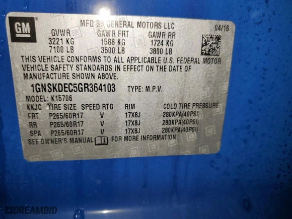 2016 Chevrolet Tahoe Commercial with VIN 1GNSKDEC5GR364103, listed as a Copart auction lot 44195535 with 127,677 mi miles and Salvage Title. Bid and sale history available at carsss.com. Image 14.