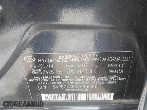 2014 Hyundai Sonata Limited with VIN 5NPEC4AB0EH935405, listed as a IAAI auction lot 41519802 with 159,707 mi miles and . Bid and sale history available at DreamBid. Image 9.