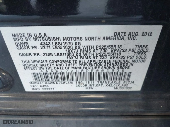 2013 Mitsubishi Outlander Sport ES with VIN 4A4AP3AU0DE003629, listed as a IAAI auction lot 41377427 with 96,914 mi miles. Bid and sale history available at carsss.com. Image 9.