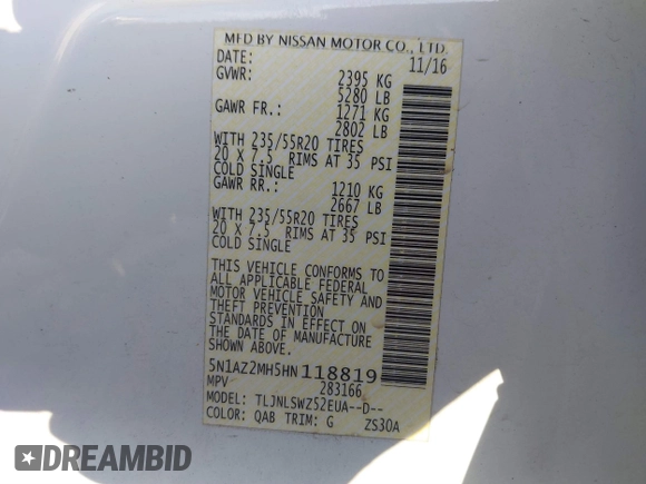 2017 Nissan Murano S with VIN 5N1AZ2MH5HN118819, listed as a IAAI auction lot 41359898 with 92,052 mi miles and . Bid and sale history available at DreamBid. Image 9.