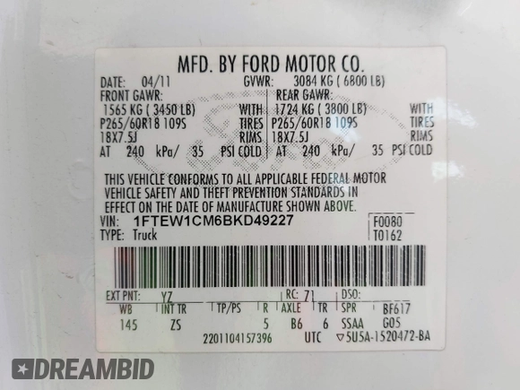 2011 Ford F-150 XL with VIN 1FTEW1CM6BKD49227, listed as a IAAI auction lot 42284397 with 184,658 mi miles and . Bid and sale history available at DreamBid. Image 8.