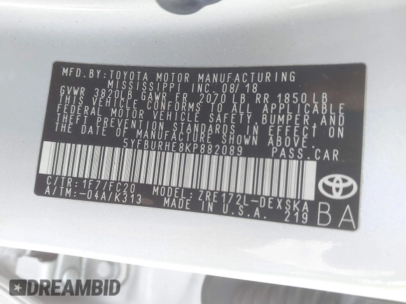 2019 Toyota Corolla L z VIN 5YFBURHE8KP882089, wystawiony jako IAAI lot #39545437 z przebiegiem 117 129 mil mil oraz . Historia ofert i sprzedaży dostępna na DreamBid. Obrazek 9.