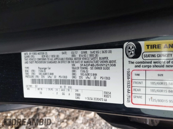 2017 Ford Fiesta SE with VIN 3FADP4BJ5HM121308, listed as a IAAI auction lot 41487509 with 147,112 mi miles. Bid and sale history available at carsss.com. Image 9.