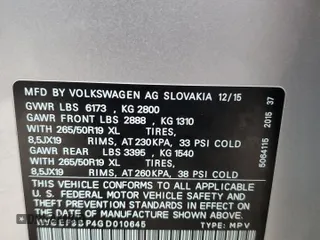2016 Volkswagen Touareg Sport with VIN WVGEF9BP4GD010645, listed as a Copart auction lot 43271015 with 52,803 mi miles and Salvage Title. Bid and sale history available at DreamBid. Image 12.