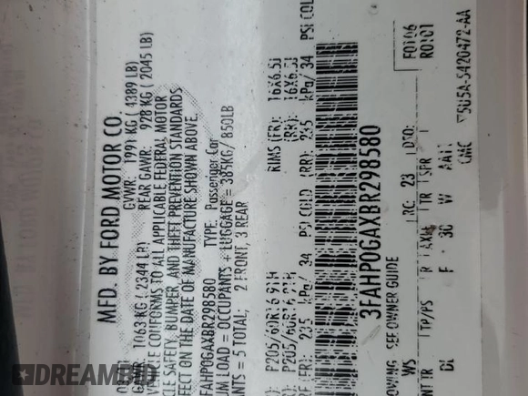 2011 Ford Fusion S with VIN 3FAHP0GAXBR298580, listed as a Copart auction lot 51461195 with 180,573 mi miles and Salvage Title. Bid and sale history available at carsss.com. Image 12.