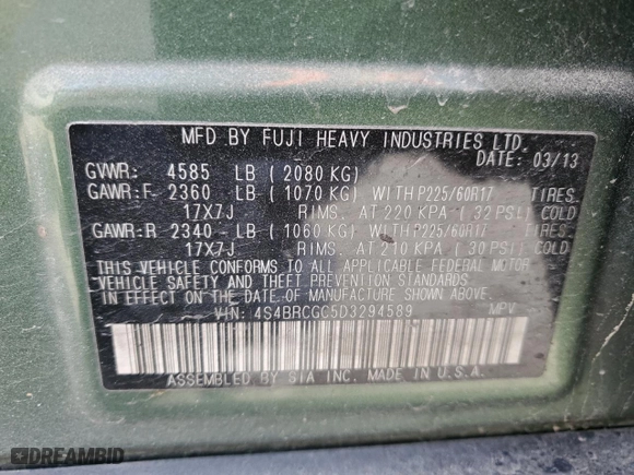 2013 Subaru Outback 2.5i Premium with VIN 4S4BRCGC5D3294589, listed as a Copart auction lot 48112855 with 241,977 mi miles and Salvage Title. Bid and sale history available at carsss.com. Image 12.