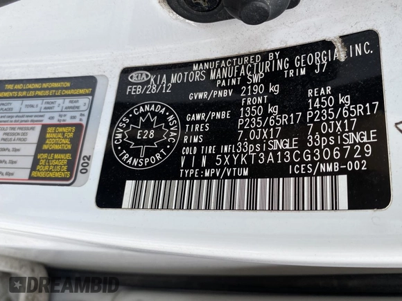 2012 Kia Sorento LX with VIN 5XYKT3A13CG306729, listed as a Copart auction lot 48946605 with 183,878 mi miles and Clean Title. Bid and sale history available at DreamBid. Image 10.