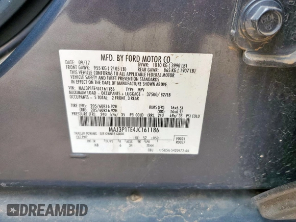 2018 Ford EcoSport SE with VIN MAJ3P1TE4JC161186, listed as a Copart auction lot 59044455 with 36,077 mi miles and Salvage title. Bid and sale history available at DreamBid. Image 14.