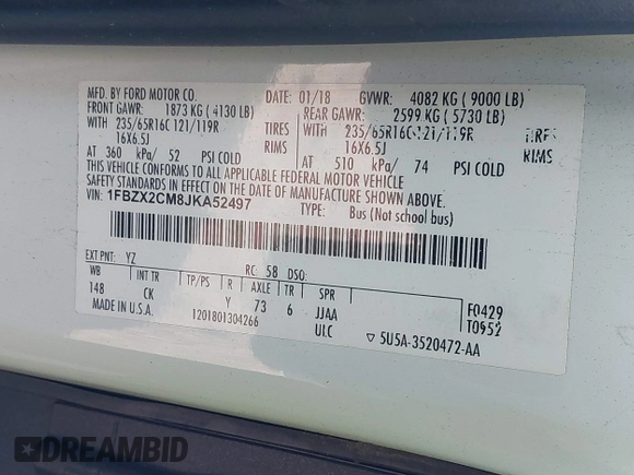 2018 Ford Transit Passenger XL z VIN 1FBZX2CM8JKA52497, wystawiony jako IAAI lot #41553720 z przebiegiem 81 714 mil mil oraz . Historia ofert i sprzedaży dostępna na DreamBid. Obrazek 9.