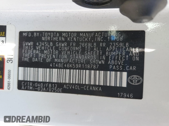 2009 Toyota Camry with VIN 4T4BE46K59R118787, listed as a Copart auction lot 55991195 with 66,918 mi miles and Clean Title. Bid and sale history available at DreamBid. Image 12.