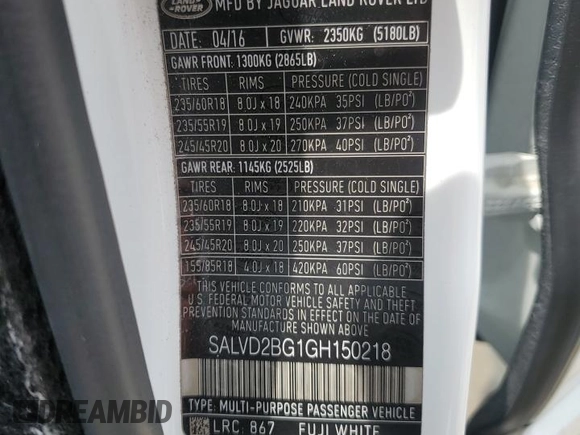 2016 Land Rover Range Rover Evoque HSE Dynamic with VIN SALVD2BG1GH150218, listed as a Copart auction lot 60938295 with 56,829 mi miles and Salvage title. Bid and sale history available at DreamBid. Image 14.