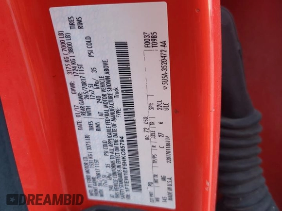 2017 Ford F-150 XL with VIN 1FTEW1EF5HKC65794, listed as a Copart auction lot 73113074 with Not provided miles and Salvage title. Bid and sale history available at DreamBid. Image 12.