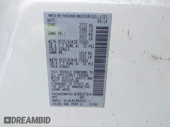 2014 Nissan Pathfinder S z VIN 5N1AR2MN7EC690794, wystawiony jako IAAI lot #42373987 z przebiegiem 147 592 mil mil oraz . Historia ofert i sprzedaży dostępna na DreamBid. Obrazek 9.