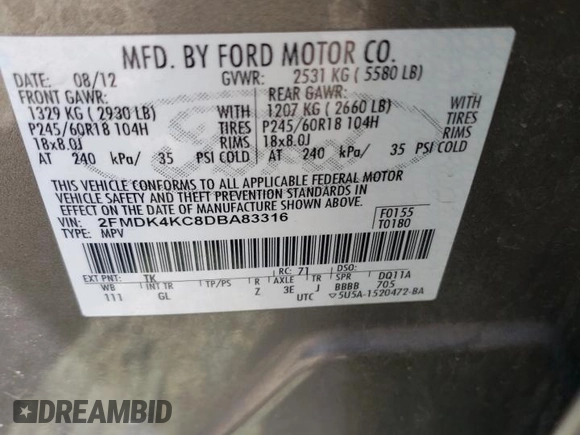 2013 Ford Edge Limited z VIN 2FMDK4KC8DBA83316, wystawiony jako Copart lot #58051895 z przebiegiem 158 795 mil mil oraz Szkoda całkowita • Salvage title. Historia ofert i sprzedaży dostępna na DreamBid. Obrazek 12.