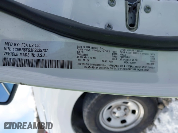 2023 Ram 1500 Tradesman z VIN 1C6RR6FG3PS535737, wystawiony jako IAAI lot #41304327 z przebiegiem 25 425 mil mil oraz . Historia ofert i sprzedaży dostępna na DreamBid. Obrazek 9.