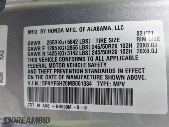 2021 Honda Pilot Special Edition with VIN 5FNYF6H20MB061334, listed as a IAAI auction lot 42123022 with 92,183 mi miles and . Bid and sale history available at DreamBid. Image 9.