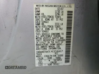 2007 Nissan Frontier SE with VIN 1N6AD07UX7C435647, listed as a Copart auction lot 59967955 with 153,902 mi miles and Salvage title. Bid and sale history available at DreamBid. Image 12.