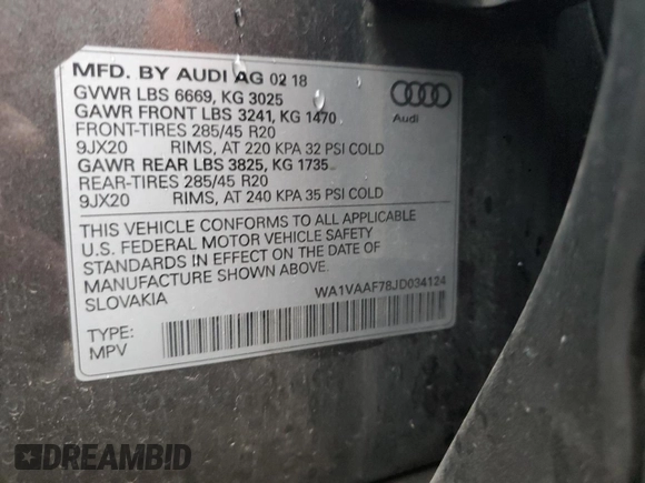 2018 Audi Q7 Prestige with VIN WA1VAAF78JD034124, listed as a Copart auction lot 54391935 with 120,946 mi miles and Salvage title. Bid and sale history available at DreamBid. Image 13.