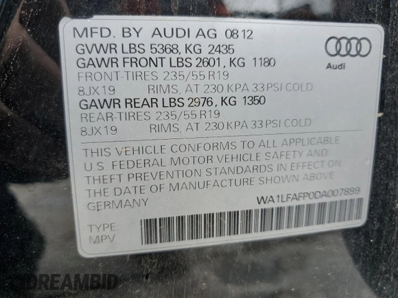 2013 Audi Q5 Premium Plus with VIN WA1LFAFP0DA007899, listed as a Copart auction lot 61058055 with Not provided miles and Salvage title. Bid and sale history available at DreamBid. Image 14.