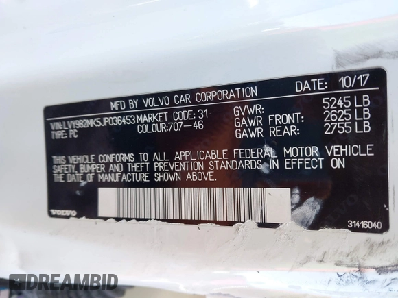 2018 Volvo S90 Momentum with VIN LVY982MK5JP036453, listed as a IAAI auction lot 41269326 with 82,231 mi miles. Bid and sale history available at carsss.com. Image 9.