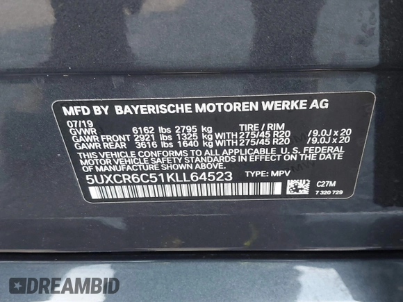 2019 BMW X5 xDrive40i with VIN 5UXCR6C51KLL64523, listed as a IAAI auction lot 42015761 with 90,371 mi miles and . Bid and sale history available at DreamBid. Image 9.