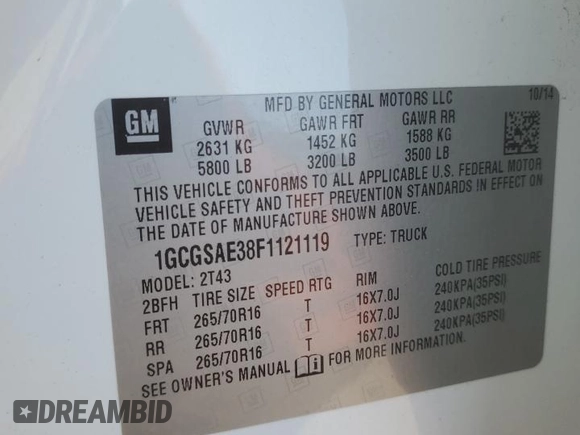 2015 Chevrolet Colorado 2WD WT with VIN 1GCGSAE38F1121119, listed as a Copart auction lot 79663854 with 137,804 mi miles and Salvage title. Bid and sale history available at DreamBid. Image 14.