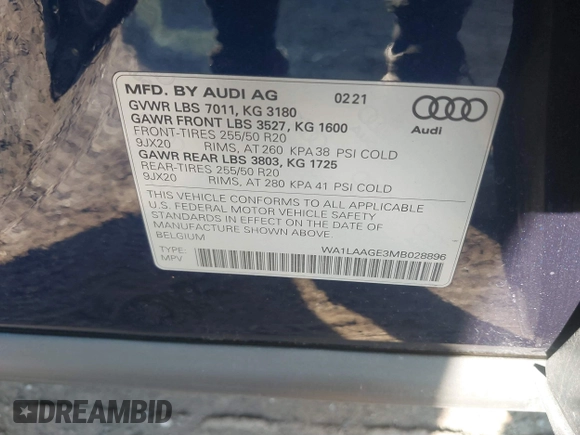 2021 Audi e-tron Premium Plus with VIN WA1LAAGE3MB028896, listed as a IAAI auction lot 41415811 with 39,770 mi miles and . Bid and sale history available at DreamBid. Image 9.