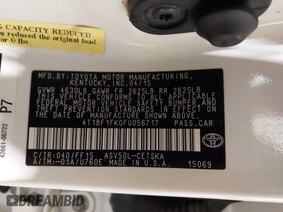 2015 Toyota Camry XLE with VIN 4T1BF1FK0FU056717, listed as a IAAI auction lot 41966126 with 159,246 mi miles and . Bid and sale history available at DreamBid. Image 9.