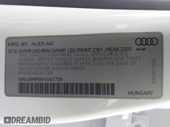 2017 Audi A3 z VIN WAUJ8HFFXH1047739, wystawiony jako IAAI lot #42313056 z przebiegiem 125 104 mil mil oraz . Historia ofert i sprzedaży dostępna na DreamBid. Obrazek 9.