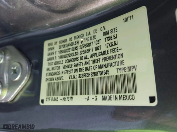 2011 Honda CR-V LX with VIN 3CZRE3H32BG704945, listed as a IAAI auction lot 41414275 with 218,831 mi miles. Bid and sale history available at carsss.com. Image 9.