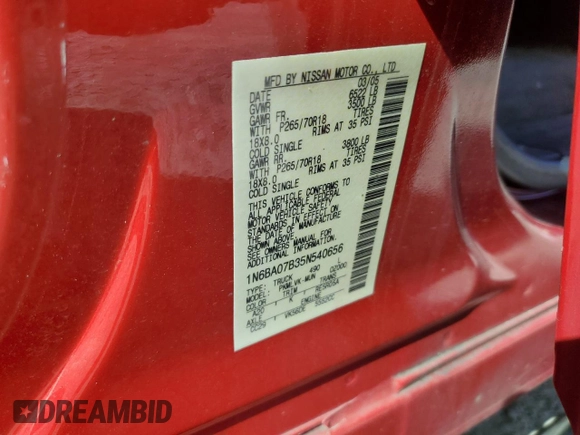 2005 Nissan Titan SE with VIN 1N6BA07B35N540656, listed as a Copart auction lot 78911104 with 161,991 mi miles and Salvage Title. Bid and sale history available at DreamBid. Image 12.