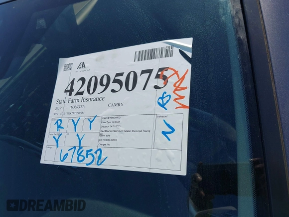 2019 Toyota Camry LE with VIN 4T1B11HK2KU240465, listed as a IAAI auction lot 42095075 with 67,852 mi miles and . Bid and sale history available at DreamBid. Image 18.