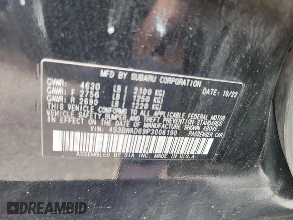 2023 Subaru Legacy Premium with VIN 4S3BWAD69P3006190, listed as a IAAI auction lot 42623816 with 90,046 mi miles and . Bid and sale history available at DreamBid. Image 15.