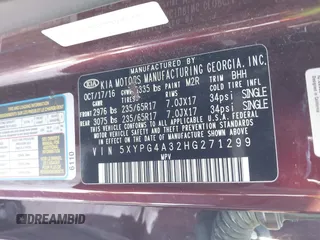 2017 Kia Sorento LX with VIN 5XYPG4A32HG271299, listed as a IAAI auction lot 41342809 with 124,665 mi miles. Bid and sale history available at carsss.com. Image 9.