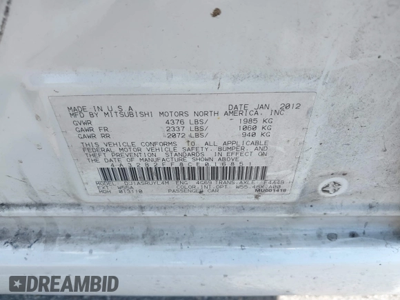 2012 Mitsubishi Galant FE with VIN 4A32B2FF8CE016851, listed as a IAAI auction lot 41892949 with 120,615 mi miles. Bid and sale history available at carsss.com. Image 9.