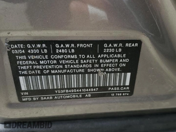 2004 Saab 9-3 z VIN YS3FB49S441044947, wystawiony jako Copart lot #46432215 z przebiegiem 130 366 mil mil oraz Szkoda całkowita • Salvage title. Historia ofert i sprzedaży dostępna na DreamBid. Obrazek 12.