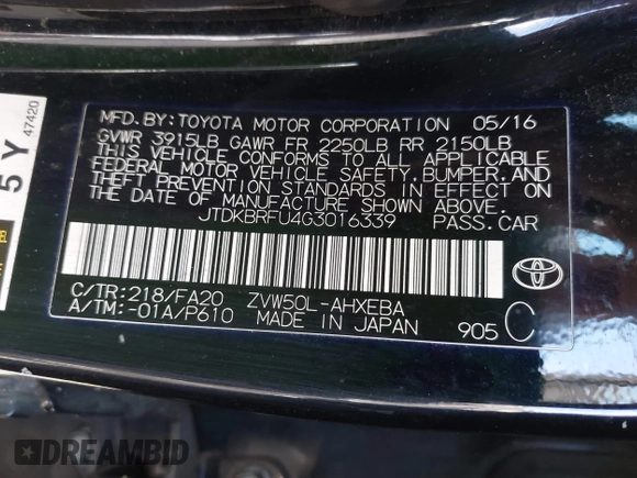 2016 Toyota Prius Two with VIN JTDKBRFU4G3016339, listed as a IAAI auction lot 41797904 with 152,850 mi miles. Bid and sale history available at carsss.com. Image 9.