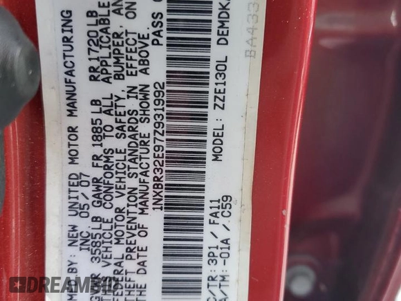 2007 Toyota Corolla CE with VIN 1NXBR32E97Z931992, listed as a Copart auction lot 54585275 with 257,833 mi miles and Salvage Title. Bid and sale history available at DreamBid. Image 12.