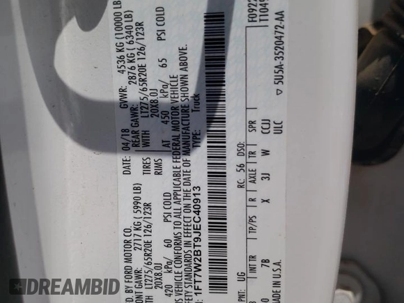 2018 Ford F-250 XL z VIN 1FT7W2BT9JEC40913, wystawiony jako Copart lot #65584154 z przebiegiem 117 570 mil mil oraz Szkoda całkowita • Salvage title. Historia ofert i sprzedaży dostępna na DreamBid. Obrazek 12.