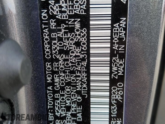 2020 Toyota Prius LE z VIN JTDKARFP4L3160836, wystawiony jako Copart lot #59370235 z przebiegiem 72 601 mil mil oraz Szkoda całkowita • Salvage title. Historia ofert i sprzedaży dostępna na DreamBid. Obrazek 13.
