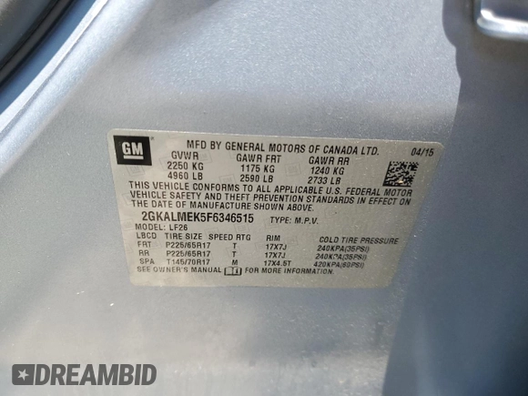 2015 GMC Terrain SLE with VIN 2GKALMEK5F6346515, listed as a Copart auction lot 61607645 with 93,171 mi miles and Salvage title. Bid and sale history available at DreamBid. Image 13.
