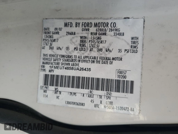 2008 Ford Explorer Eddie Bauer with VIN 1FMEU74858UA26435, listed as a Copart auction lot 62370115 with 176,779 mi miles and Salvage title. Bid and sale history available at DreamBid. Image 13.